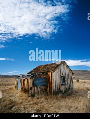 Una capanna di legno in un campo, Bodie State Historic Park, California, Stati Uniti d'America Foto Stock