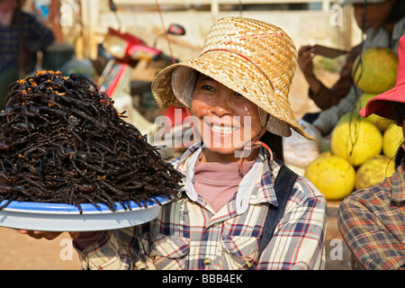 Donna vendita di fritte Tarantulas al mercato Skuom sulla strada tra Phnom Penh e Siem Reap Foto Stock