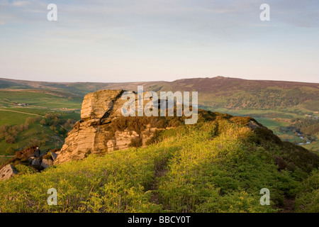 Affioramenti rocciosi su mori sopra Burnsall, Superiore Wharfedale nel Yorkshire Dales, con una vista verso Simon del posto di guida Foto Stock