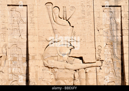 Rilievo del dio falco Horus sul primo pilone di epoca tolemaica culto tempio di Edfu Egitto Foto Stock