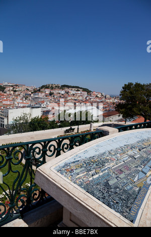 Vista della Baixa (centro di Lisbona) e il castello Sao Jorge dal Miradouro de Sao Pedro de Alcantara (Belvedere). Foto Stock
