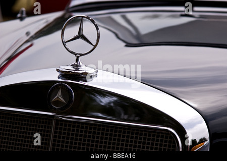 Il cofano e il suo ornamento di un Mercediz-Benz presso il Museo Muckenthaler Car Show Foto Stock