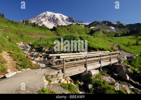 Il Monte Rainier, il Parco Nazionale del Monte Rainier, Pierce County, la cascata di gamma, Washington, Stati Uniti d'America Foto Stock