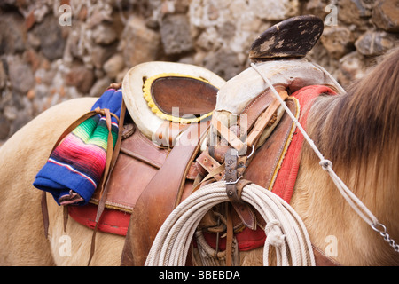 In primo piano della sella sul cavallo, Tepoztlan, MORELOS, Messico Foto Stock