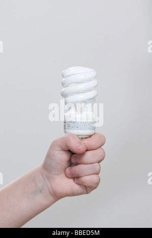 Bambino Azienda lampadina a basso consumo Foto Stock