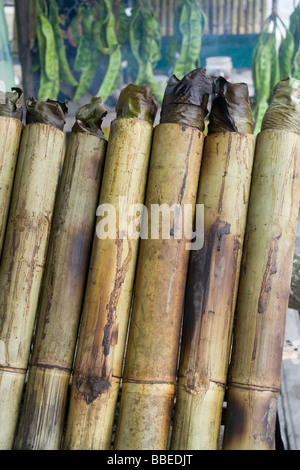 Preparazione lemang, il malese hawker delicatezza del riso cotto in bambù Foto Stock