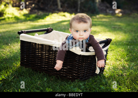 Baby Boy in Basket Foto Stock