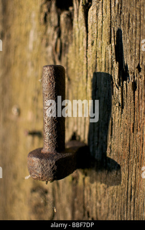 Rusty cerniera su una vecchia porta di legno post Foto Stock