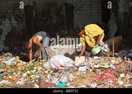 Indian uomini rovistare attraverso un mucchio di rifiuti per trovare scarti di riciclare nella Vecchia Delhi India Foto Stock