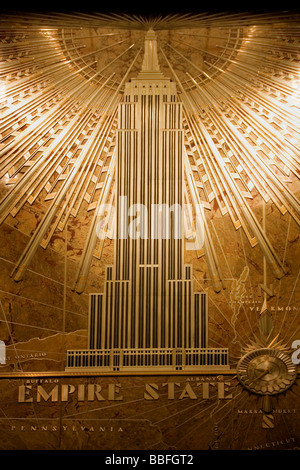 Empire State Building Interior lobby e la placca di New York New York Stati Uniti d'America Stati Uniti d'America Foto Stock