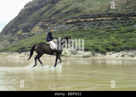 Donna di equitazione in acque poco profonde vicino alla spiaggia rocciosa Foto Stock