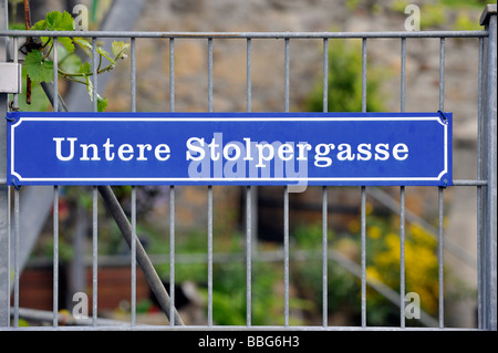 Strada segno, Untere Stolpergasse, Marbach am Neckar, Baden-Wuerttemberg, Germania, Europa Foto Stock