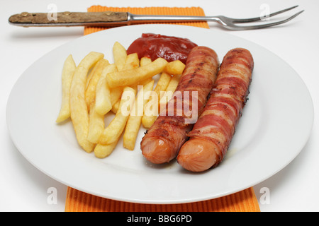 Oberland Salsiccia con patate fritte, ketchup Foto Stock