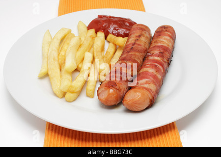Oberland Salsiccia con patate fritte, ketchup Foto Stock