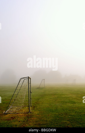 Misty campi da calcio con alba Foto Stock