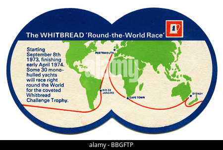 Vecchio beermat promuovendo la Whitbread Round the world challenge yacht regata, 1974 Foto Stock