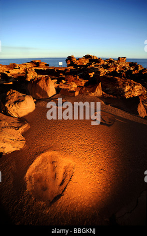 Una copia di orme di dinosauri sul display di BROOME, Western Australia. L'originale è visble a bassa marea in background. Foto Stock