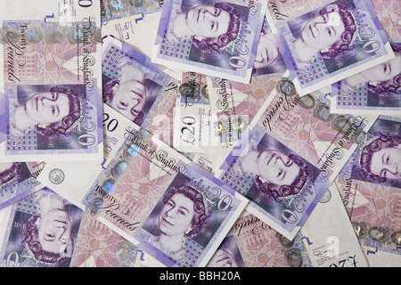 "Venti libbre' nota "venti pound' le note di denaro in valuta sterlina stack bundle Foto Stock