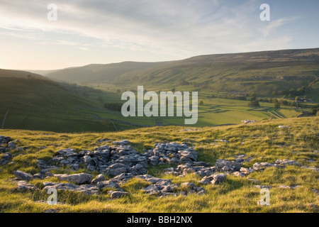 Pavimentazione di pietra calcarea e la vista lungo Littondale, in Yorkshire Dales, da sopra il villaggio di Arncliffe. Foto Stock