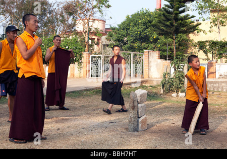 I giovani monaci buddisti a giocare a cricket Bylakuppe Karnataka India Foto Stock