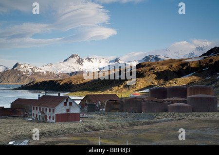 Vecchia città di caccia alle balene di Grytviken sull Isola Georgia del Sud, Antartide Foto Stock