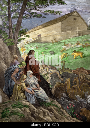 Gli animali che entrano nell'Arca di Noè prima del diluvio biblico. Colorate a mano la xilografia Foto Stock