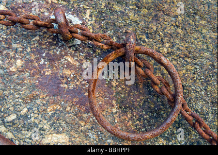 Metallo arrugginito loop e catena su un calcestruzzo parete del porto Foto Stock