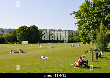 Partita di cricket sul verde, Oxted, Surrey, England, Regno Unito Foto Stock