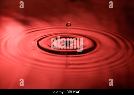 Una sola goccia di acqua che cade. Il cielo rosso si riflette nell'acqua Foto Stock