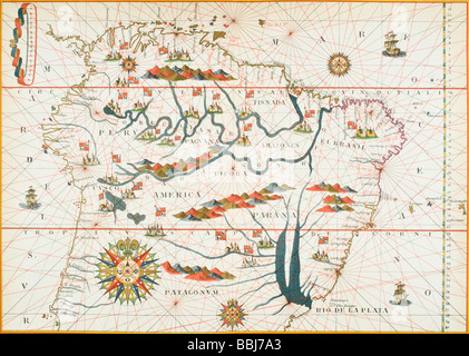 Mappa di Sud America. Ridotto il facsimile di una mappa dallo spagnolo Atlante pubblicato in Messina 1582. Foto Stock