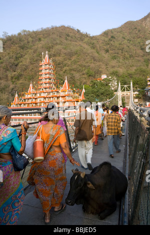 Pedoni che attraversano Lakshman Jhula bridge. Rishikesh. Uttarakhand. India Foto Stock