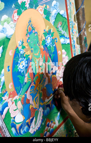 Thangka pittura. Norbulingka Istituto. Vicino a Dharamsala. Himachal Pradesh. India Foto Stock