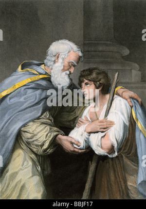 Il figliol prodigo torna a casa e chiede il suo perdono del Padre, una parabola nel Libro biblico di Luca. Colorate a mano l'incisione Foto Stock