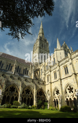 La Cattedrale di Salisbury dal chiostro, Wiltshire, Inghilterra Foto Stock