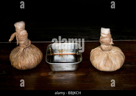 Sacchetti a base di erbe o di Kizhi utilizzato per il massaggio ayurveda, trattamento ayurvedico del Kerala, India Foto Stock