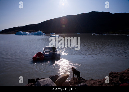 L'uomo vela la sua barca, il suo cane in attesa. Inneruulalik Farm, Groenlandia meridionale Foto Stock