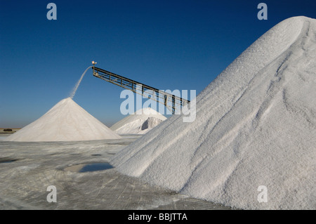 Sale grezzo raccolto da acqua di mare essendo impilati prima della lavorazione Foto Stock