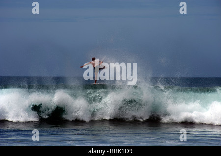 Surfista maschio cavalca l'onda in Arugam Bay, Sri Lanka, Oceano Indiano Foto Stock