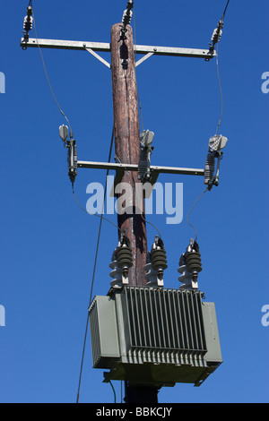 Grande tensione alta polo elettrico trasformatore superiore nel Regno Unito Foto Stock