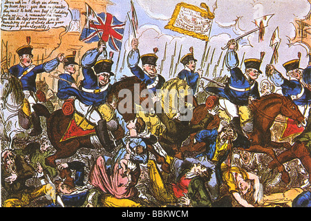 Massacro di PETERLOO presso il St Peters campi, Manchester, Regno Unito il 16 agosto 1819 come mostrato in un satirico contemporaneo cartoon Foto Stock