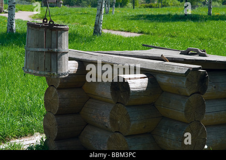 Disegnare in legno e nella zona rurale con shadoof e benna. Erba verde intorno ad esso. Villaggio russo. La Russia Foto Stock