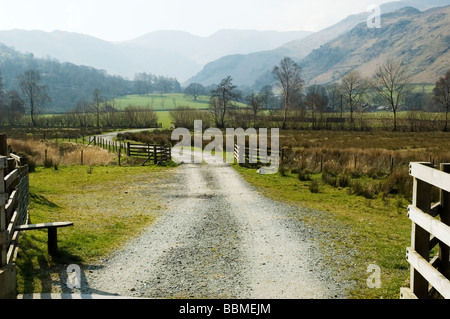 Azienda agricola Via nel Lake District inglese con vista al Fairfield in background Foto Stock