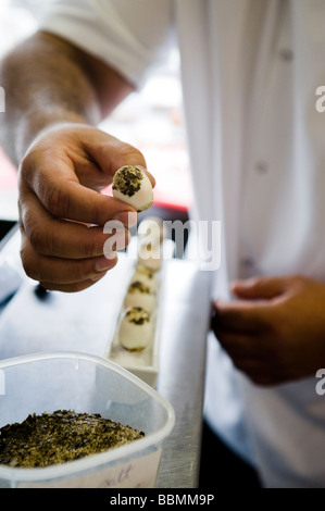 Un chef è dipping uova di quaglia in alghe marine per rendere un elegante antipasto Foto Stock