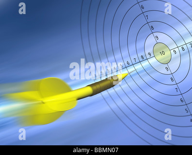 Vista di un dardo raggiungendo dartboard Foto Stock