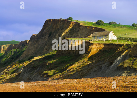 House si trova in precario equilibrio sul bordo di una scogliera a Eype beach. Il Dorset England Regno Unito Foto Stock