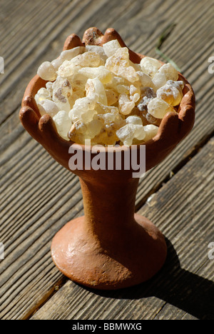 Incenso, incenso in un bruciatore tradizionale, il sultanato di Oman, Yemen, Arabia, Medio Oriente Foto Stock