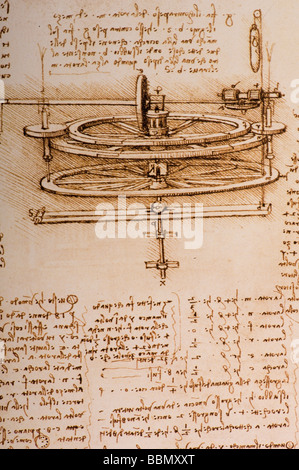 Lo studio dei meccanismi di una ruota di filatura da Leonardo da Vinci 1493-1497 penna e inchiostro Foto Stock