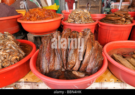 Pesci secchi e marinaded in un recipiente di plastica, mercato del pesce, Vinh Long, Delta del Mekong, Vietnam Asia Foto Stock