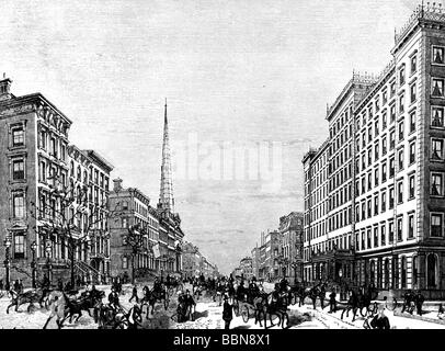 Geografia / viaggio, Stati Uniti, New York, Fifth Avenue, vista, incisione del legno, 1873, Foto Stock