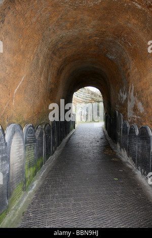 Le lapidi di rivestimento del bordo del tunnel di ingresso di St James' cimitero, Cattedrale anglicana, Liverpool, Merseyside, Regno Unito Foto Stock